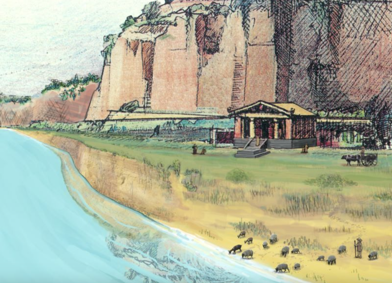 artist's impression of life on the banks of a river